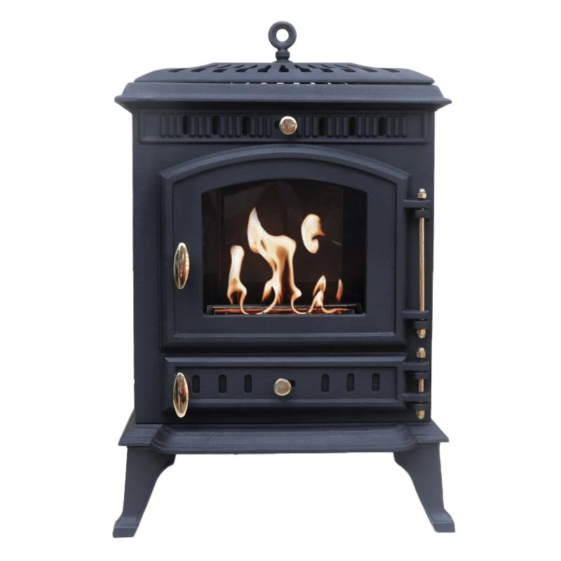 ScandiFlames Molde cast iron bioethanol stove, front view with lit flame and decorative peaked top