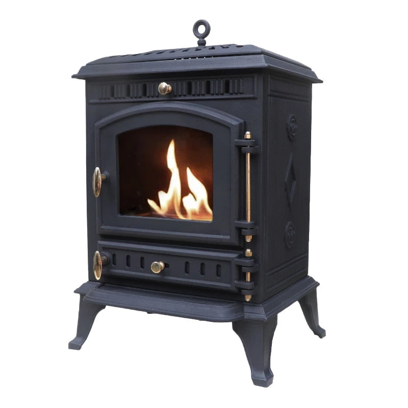 ScandiFlames Molde cast iron bioethanol stove, angled view showing diamond-relief side panel