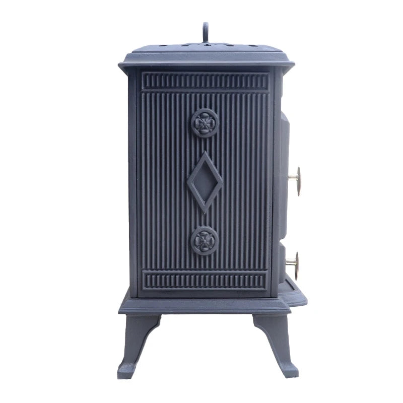 ScandiFlames Molde cast iron bioethanol stove, side detail close-up of the relief panel