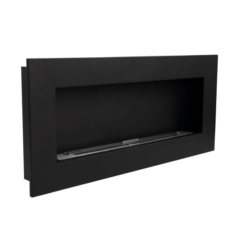 Murus 1200 black bio fireplace, angled view showing the slim 16.5 cm depth, unlit