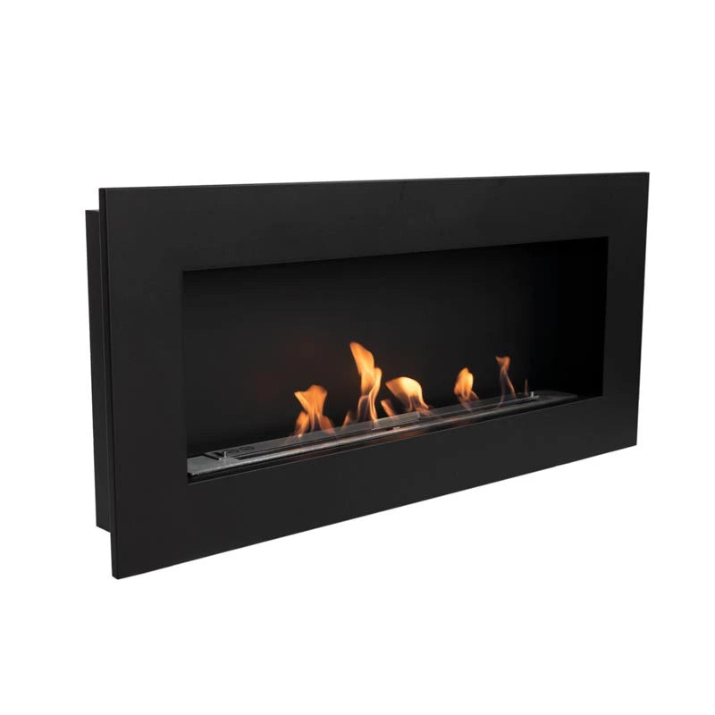 Murus 1200 black bio fireplace, angled view on white background, lit with a realistic flame