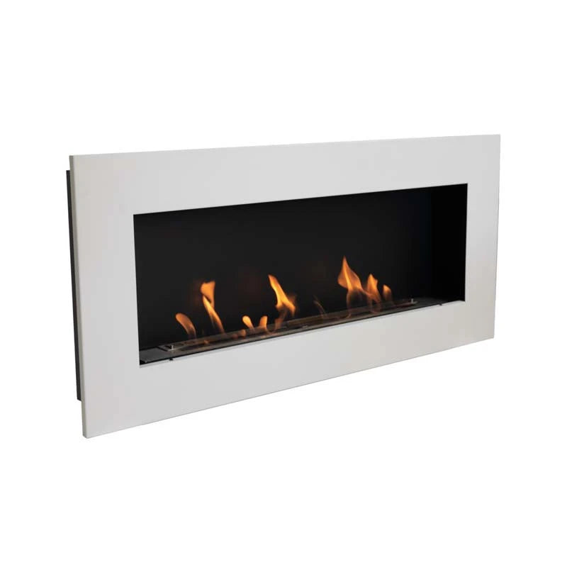 Murus 1200 matte white bio fireplace, angled view on white background, lit with a realistic flame