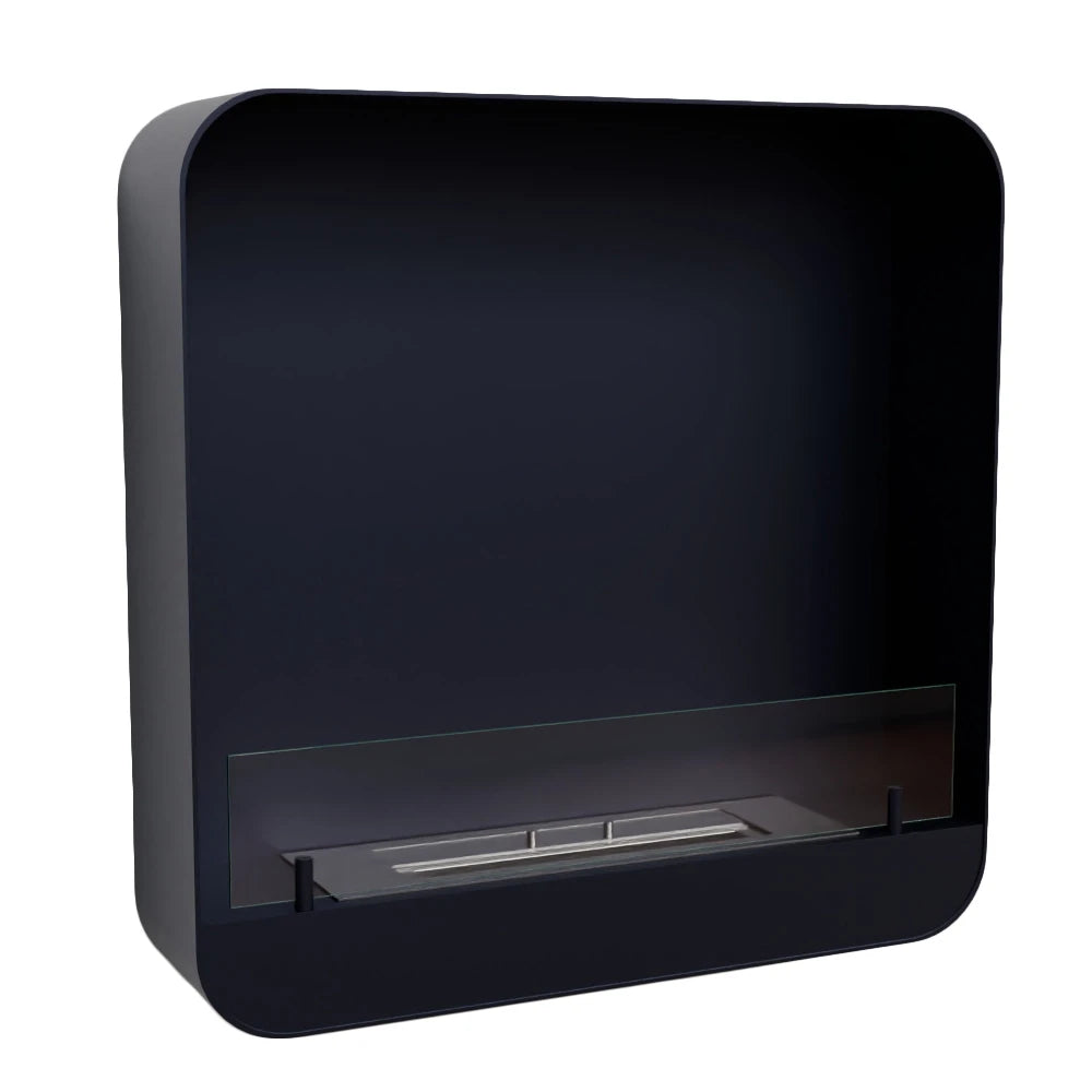 Ohio 60 Black wall-mounted bio fireplace, unlit angled studio shot showing glass wind-guard panel