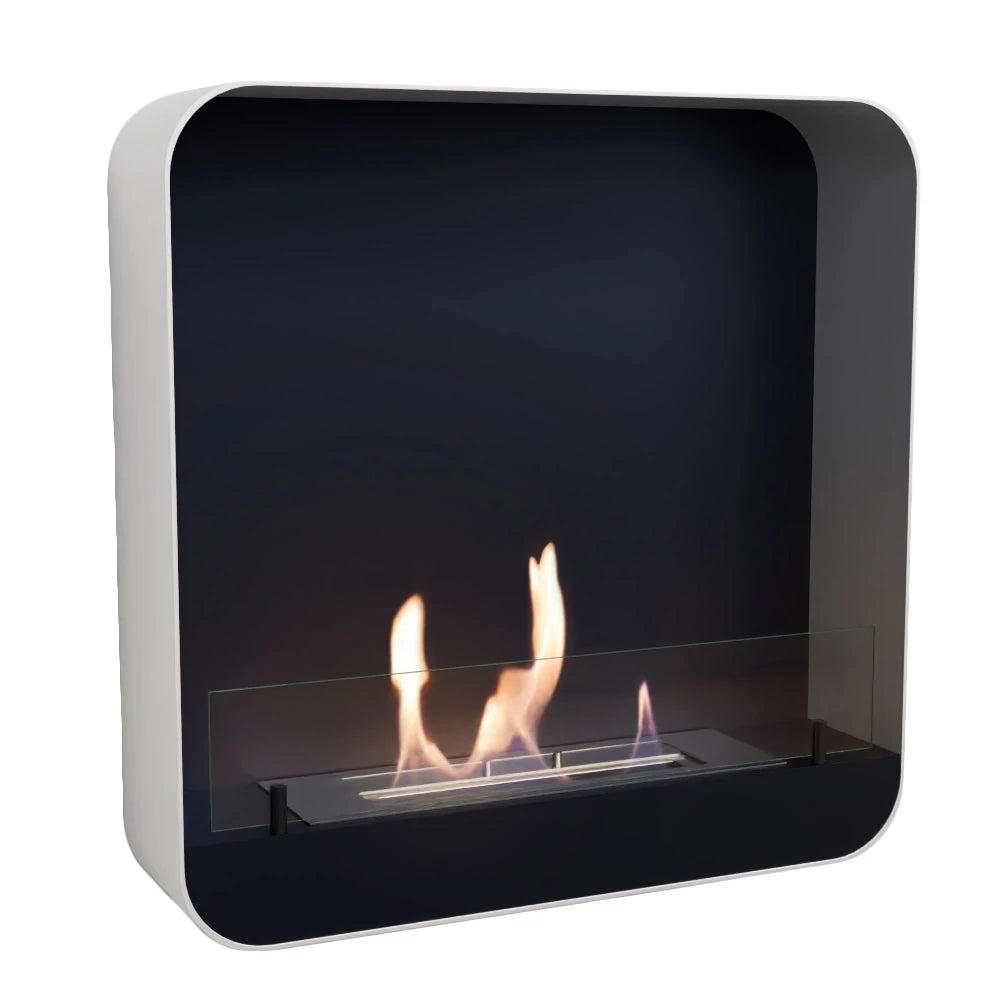 Ohio 60 White wall-mounted bio fireplace with lit flame, angled studio shot on white background