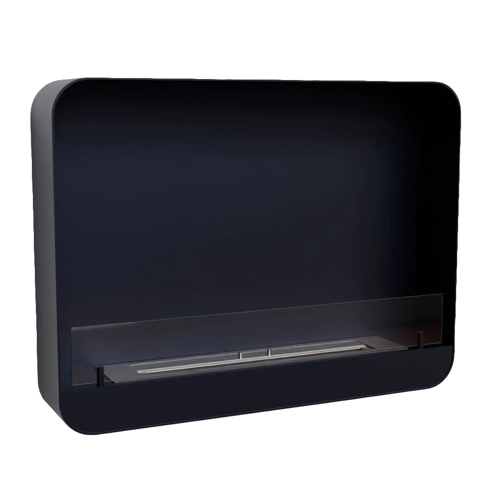 Ohio 80 Black wall-mounted bio fireplace, unlit angled studio shot