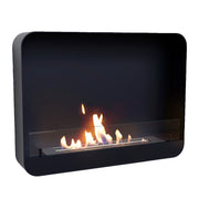Ohio 80 Black wall-mounted bio fireplace with lit flame, angled studio shot on white background