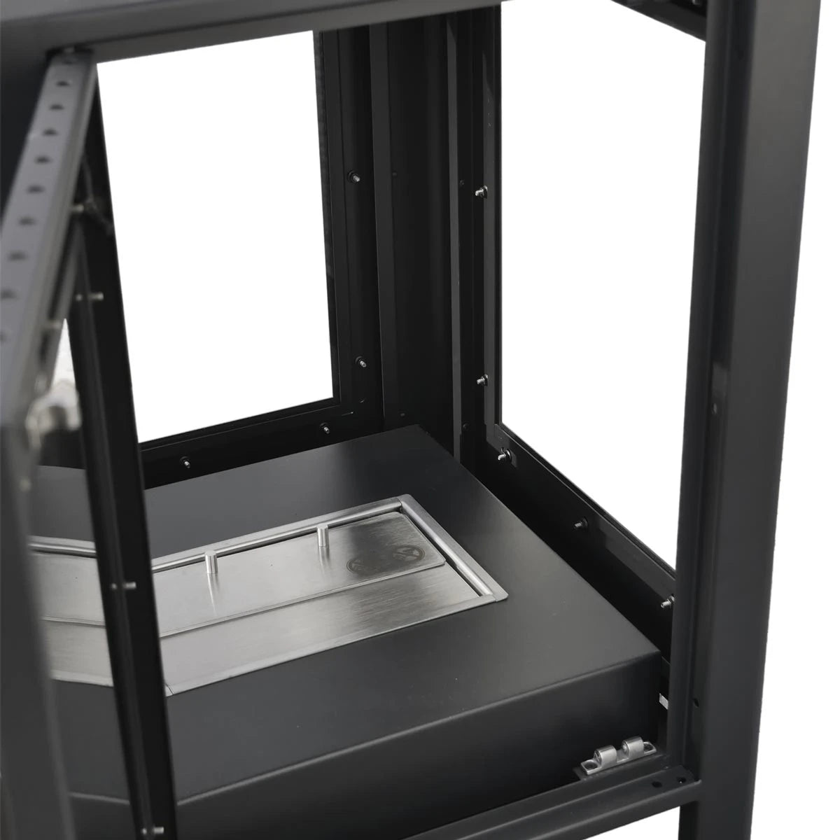 ScandiFlames Natura Garden bioethanol fireplace with the access door open showing the burner tray