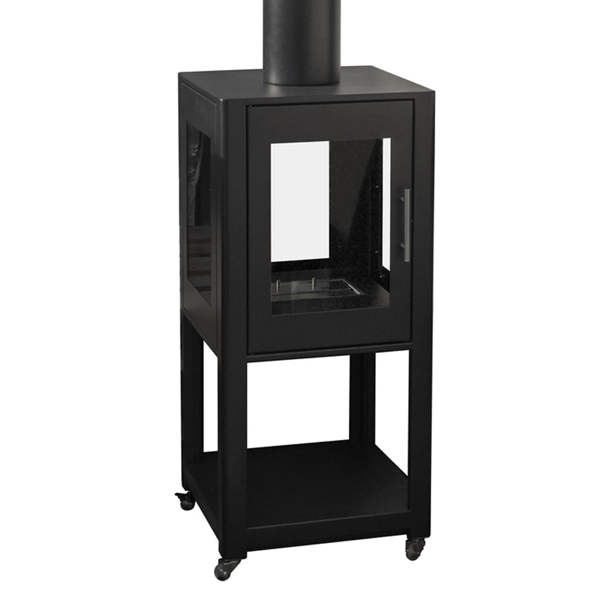 ScandiFlames Natura Garden bioethanol fireplace close-up studio detail showing the glass-panelled firebox and burner tray