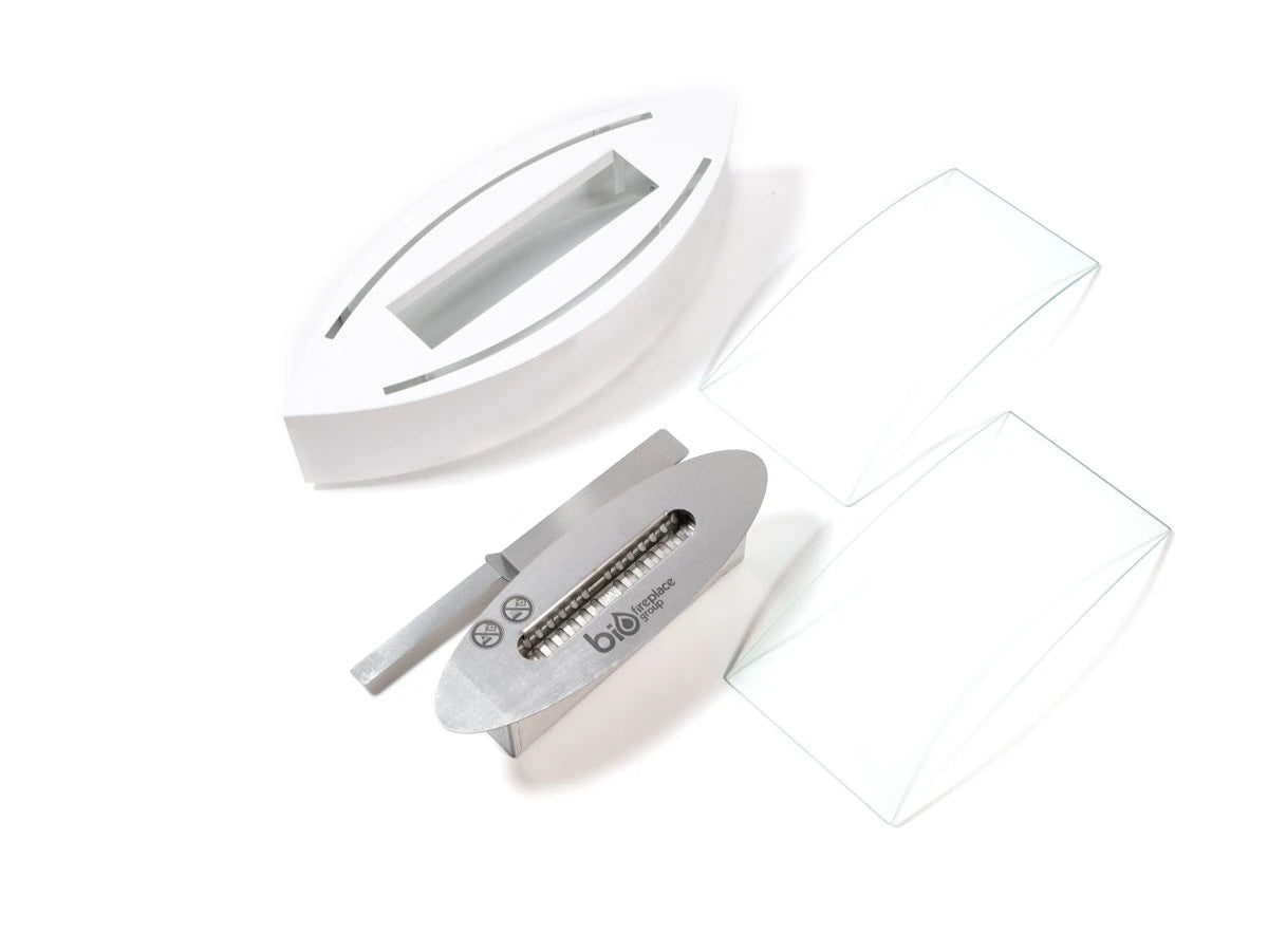 Oval Table Bio Fireplace in White, disassembled parts detail