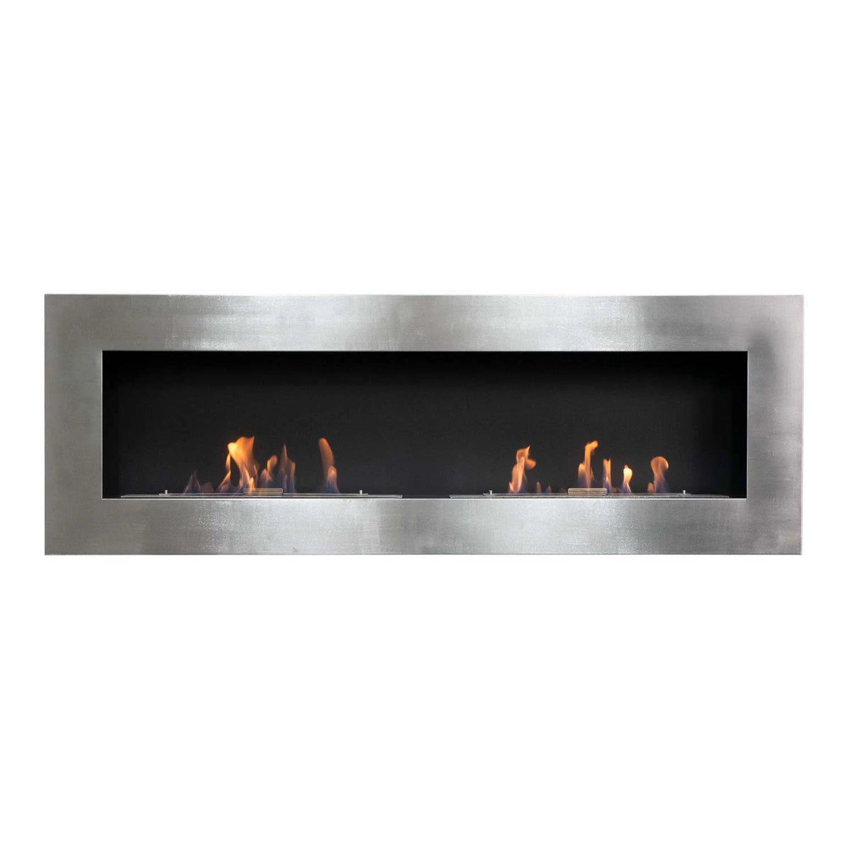 Murus 1600 brushed steel bio fireplace, front view on white background, lit with a realistic flame
