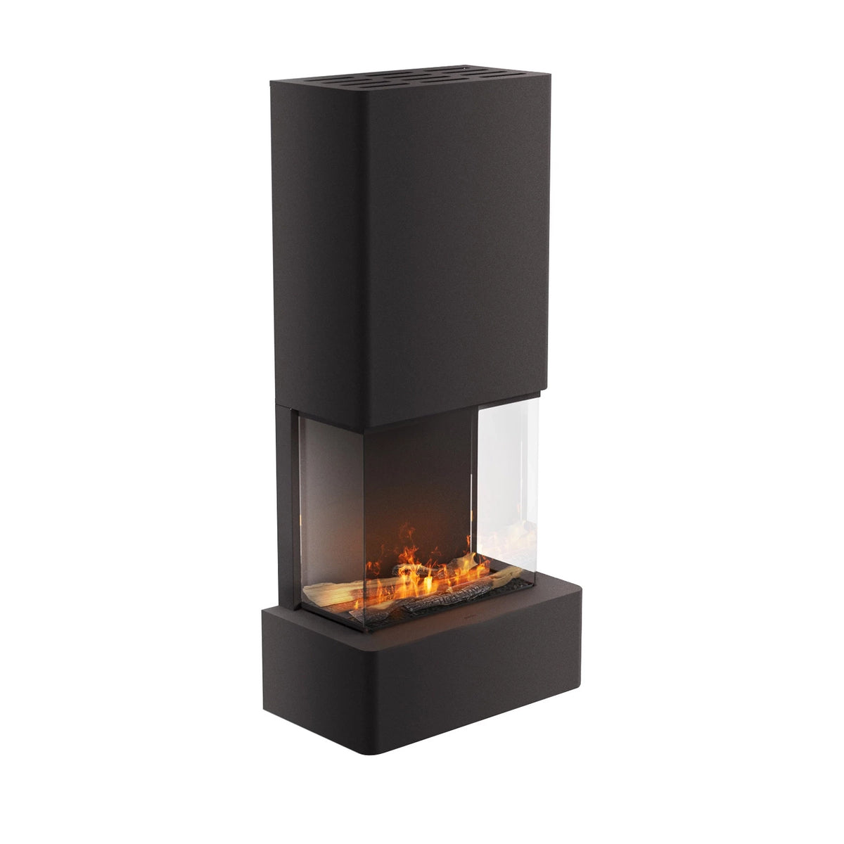 Aura freestanding water vapour fireplace in black, showcasing realistic water vapour flames.