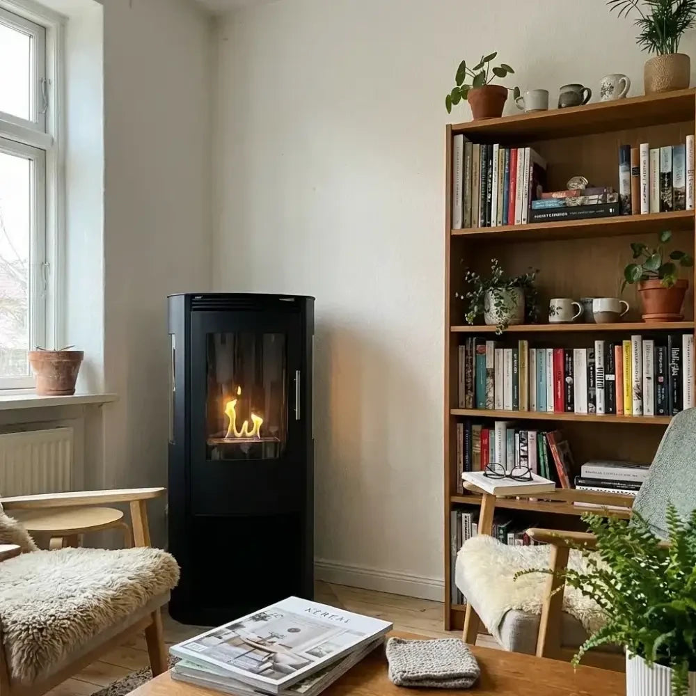 Lincoln black bioethanol stove lit beside a bookshelf and armchairs