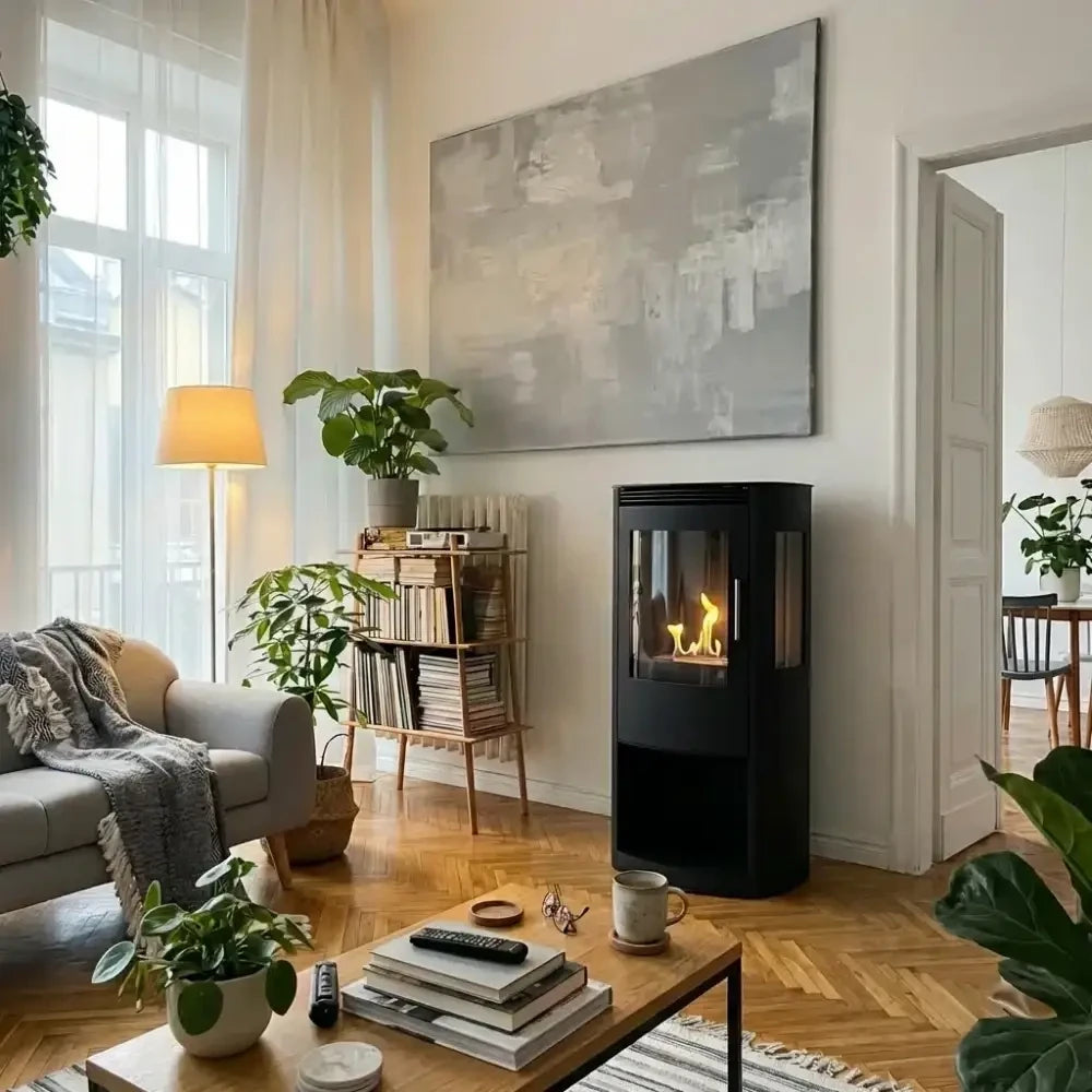 Lincoln black bioethanol stove lit in a living room beneath an abstract painting