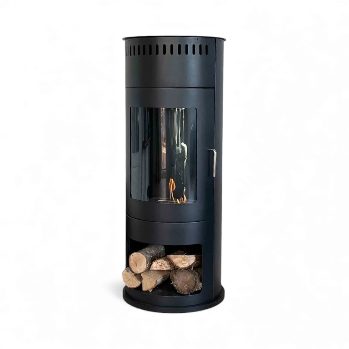 ScandiFlames Washington black bioethanol stove with lit flames, studio shot, front view