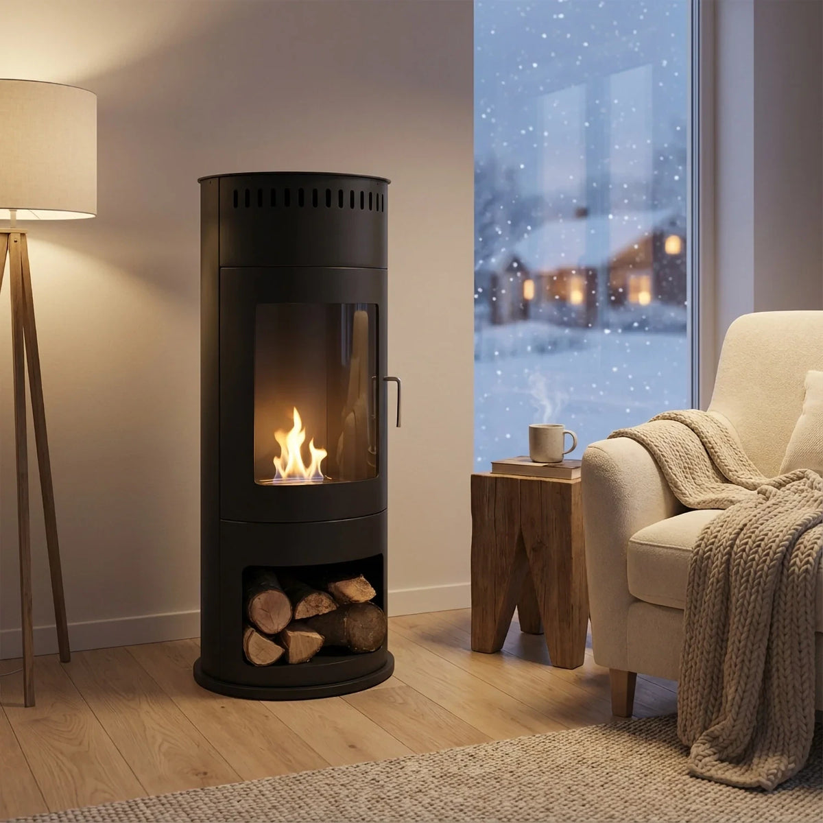 Washington black bioethanol stove lit in a rendered living room with a snowy window view
