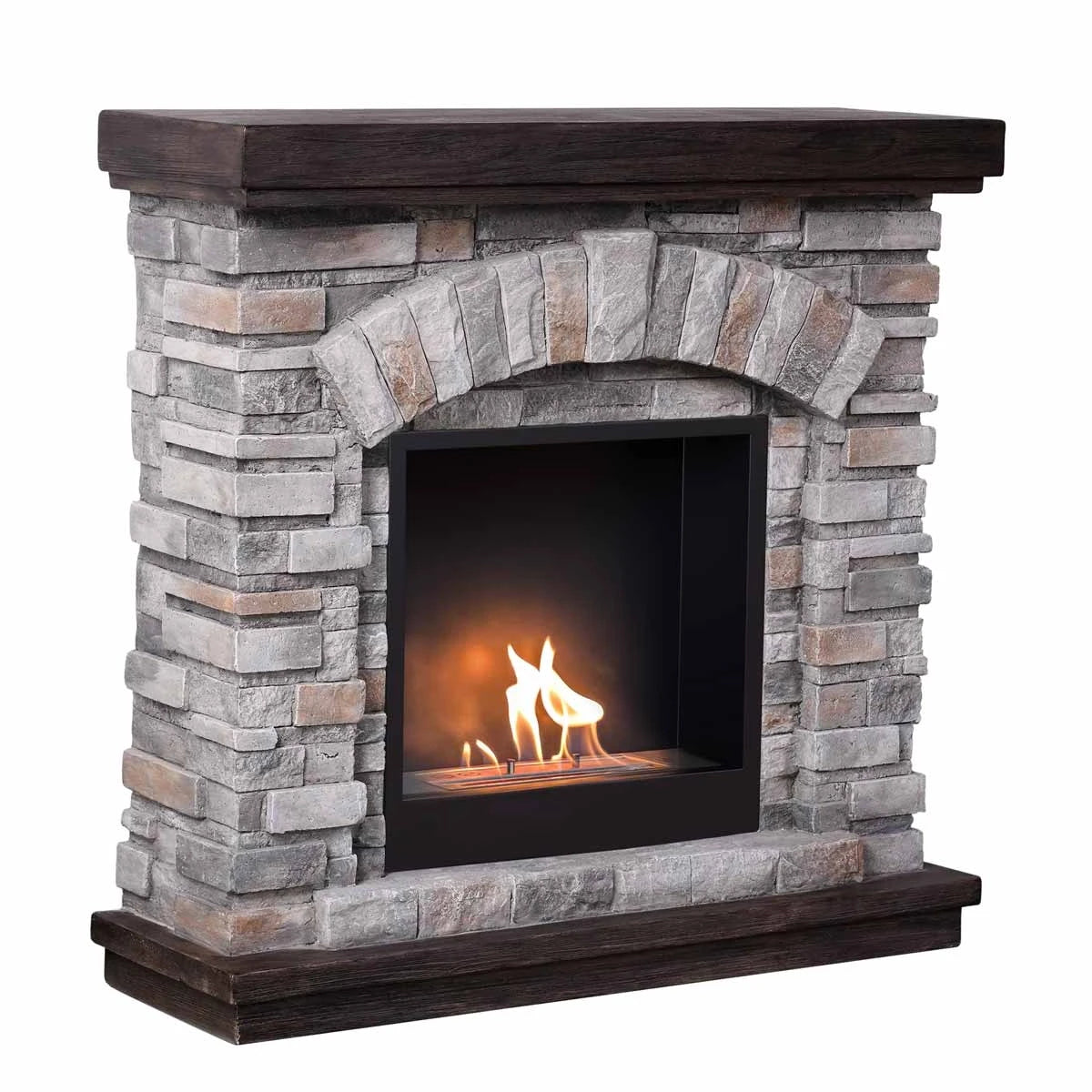 ScandiFlames Ask freestanding bioethanol fireplace, angled view, grey brick-effect polystone surround with Surtur 18-inch insert, lit real flame