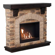 ScandiFlames Eira freestanding bioethanol fireplace, angled view, warm brown brick-effect polystone surround with Surtur 23-inch insert, lit real flame