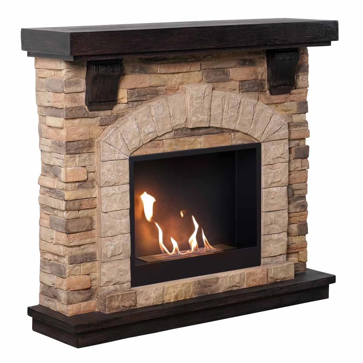 ScandiFlames Eira freestanding bioethanol fireplace, angled view, warm brown brick-effect polystone surround with Surtur 23-inch insert, lit real flame