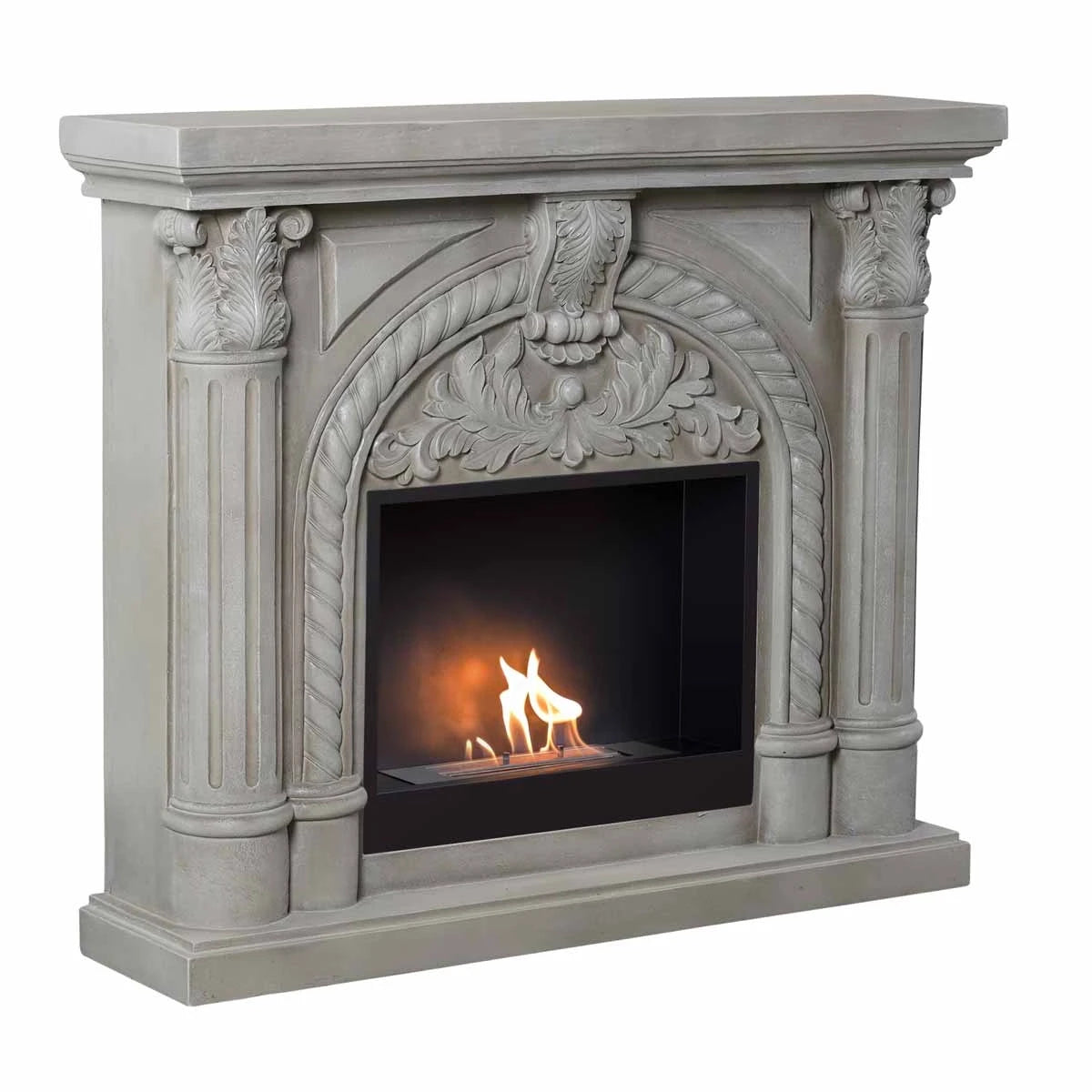 Embla freestanding bioethanol fireplace, grey stone-effect polystone surround, lit flame, angled studio shot