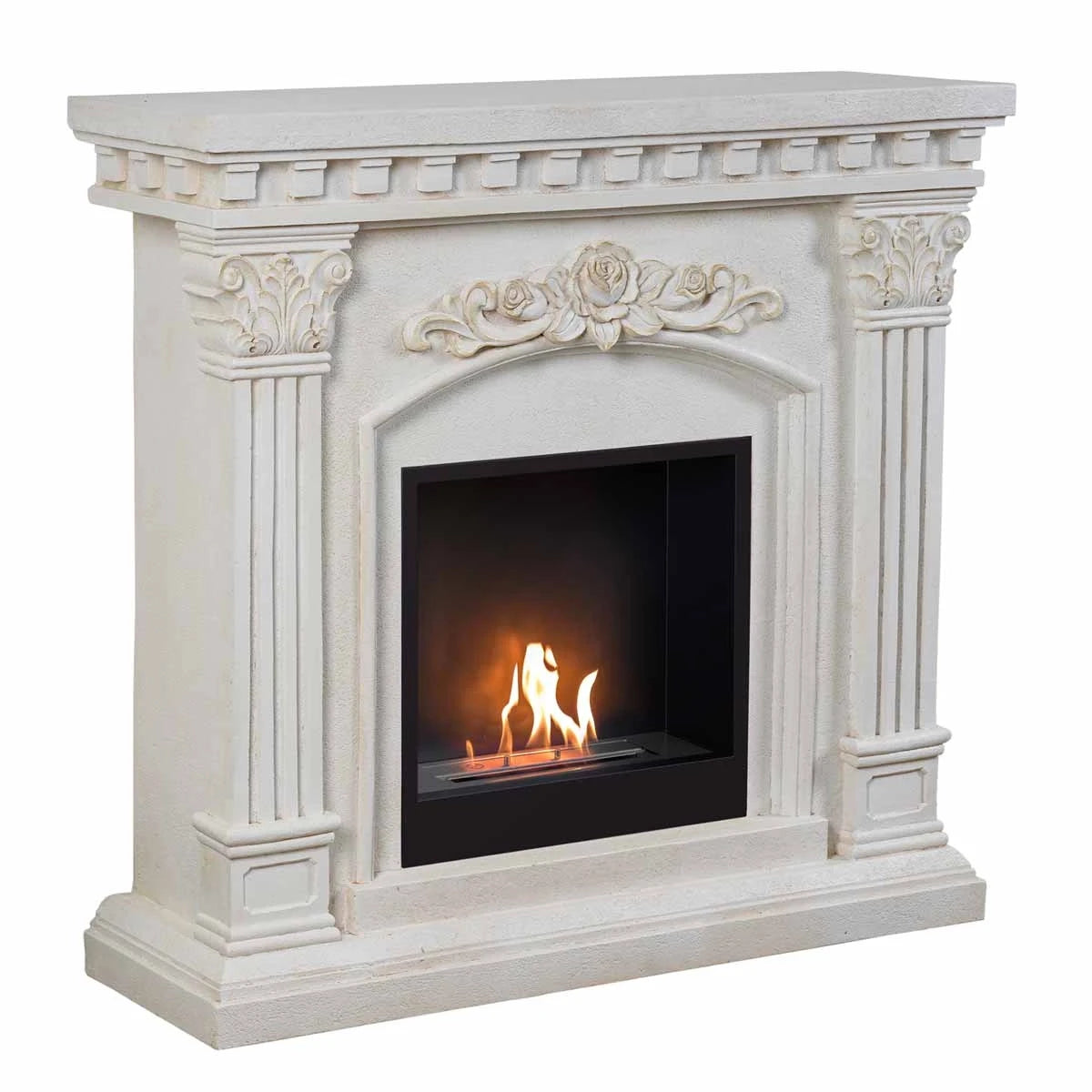 Freyr freestanding bioethanol fireplace, cream polystone surround with fluted columns, lit flame, angled studio shot