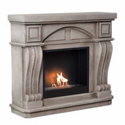 Logi freestanding bioethanol fireplace, grey and white polystone surround, lit flame, angled studio shot