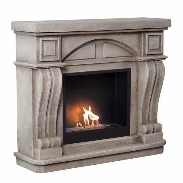 Logi freestanding bioethanol fireplace, grey and white polystone surround, lit flame, angled studio shot