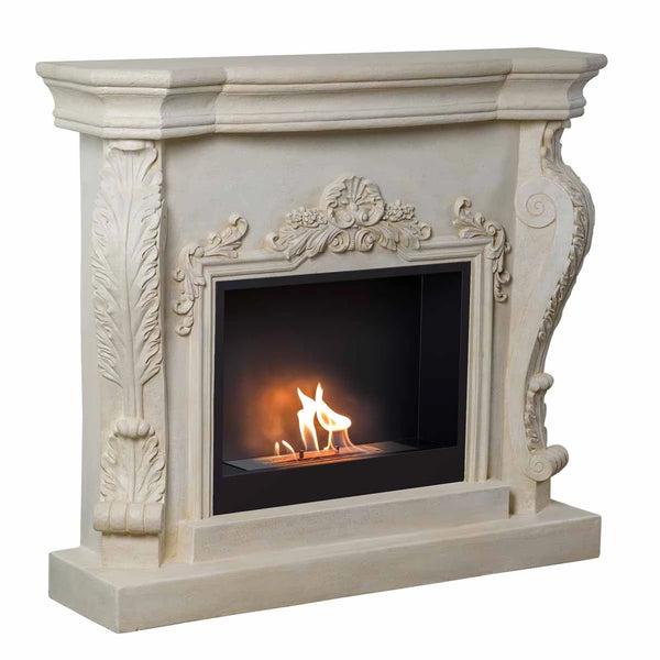 Ymir freestanding bioethanol fireplace with carved polystone surround, lit flame, angled view