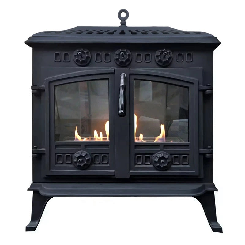 ScandiFlames Spitsbergen cast iron bioethanol stove, front view with lit flame