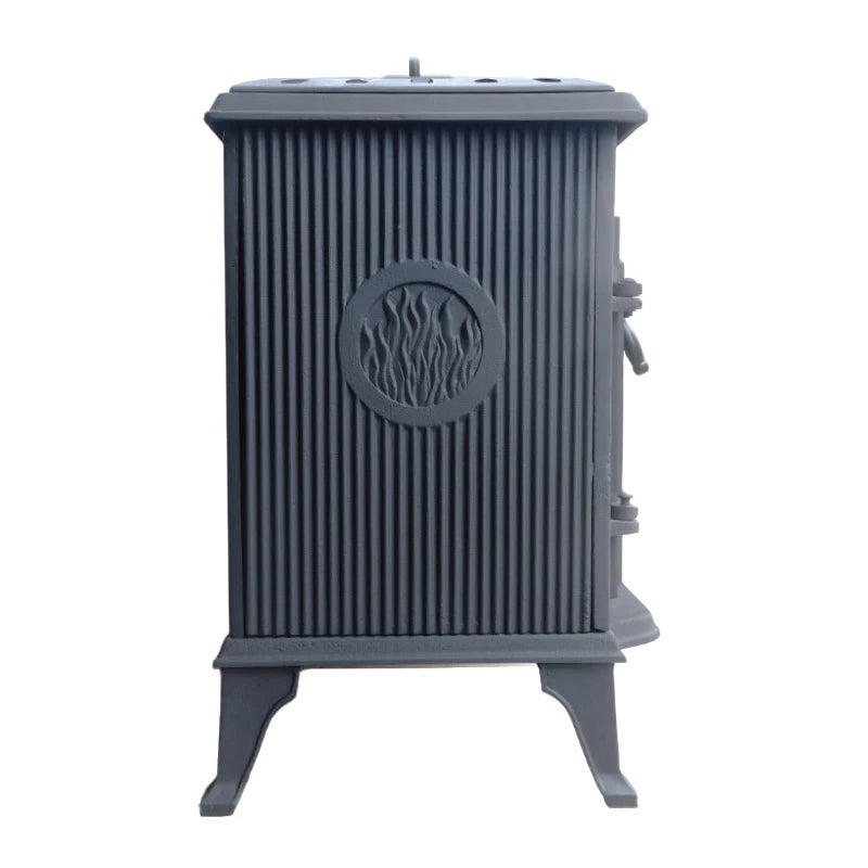 ScandiFlames Spitsbergen cast iron bioethanol stove, side detail showing the flame relief medallion