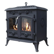 ScandiFlames Spitsbergen cast iron bioethanol stove, angled view with lit flame