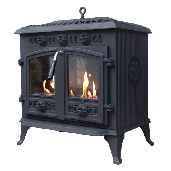 ScandiFlames Spitsbergen cast iron bioethanol stove, angled view with lit flame