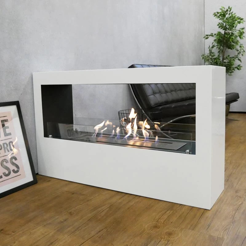 Lansing XL white bioethanol fireplace as a room divider, reverse angle view in a modern living space