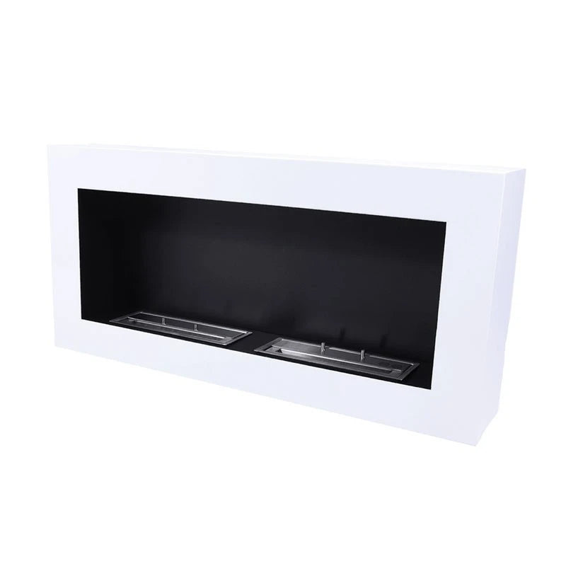 Large white wall-mounted bioethanol fireplace shown unlit, angled studio photo on white background