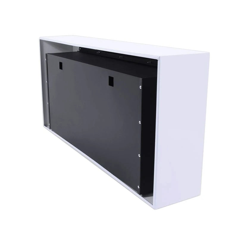 Rear view of the large white bioethanol fireplace showing the black mounting plate and wall bracket