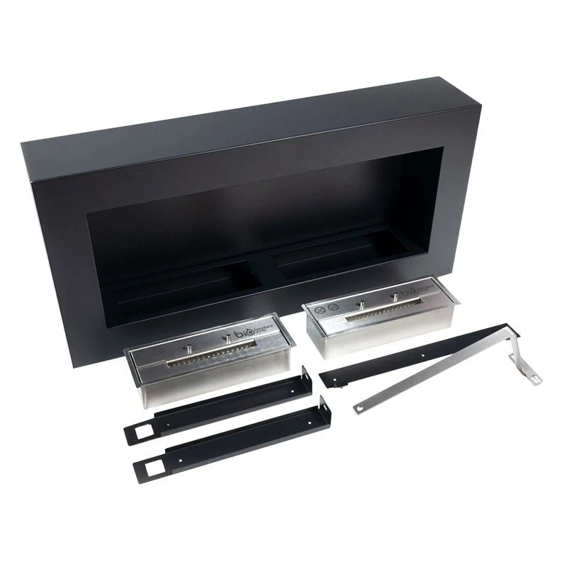 Large black bio fireplace with included twin burner trays and wall mounting brackets
