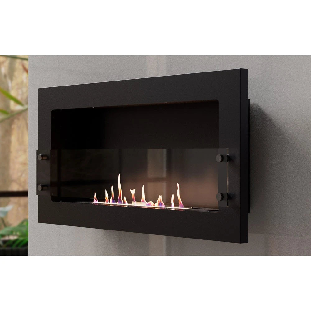 Texas black bioethanol fireplace mounted on a grey styled wall, angled render with a lit flame