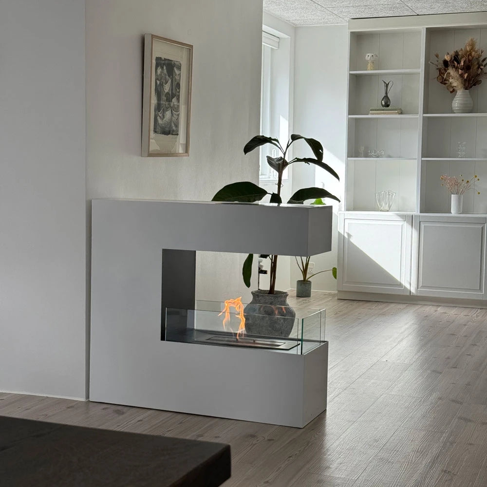 Topeka White bio fireplace room divider, reverse angle of the same living room, lit with a realistic flame