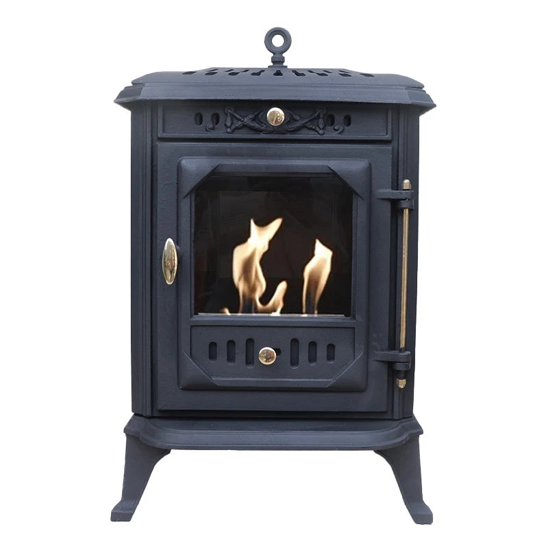 ScandiFlames Ulvik cast iron bioethanol stove, front view, black finish, lit real flame behind glass door