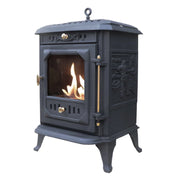 ScandiFlames Ulvik cast iron bioethanol stove, angled view, black finish, lit real flame behind glass door