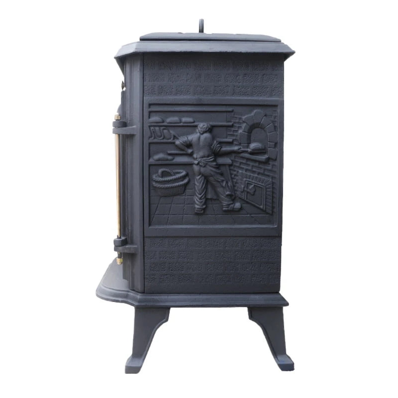 ScandiFlames Ulvik cast iron bioethanol stove, close-up of the decorative cast iron relief side panel