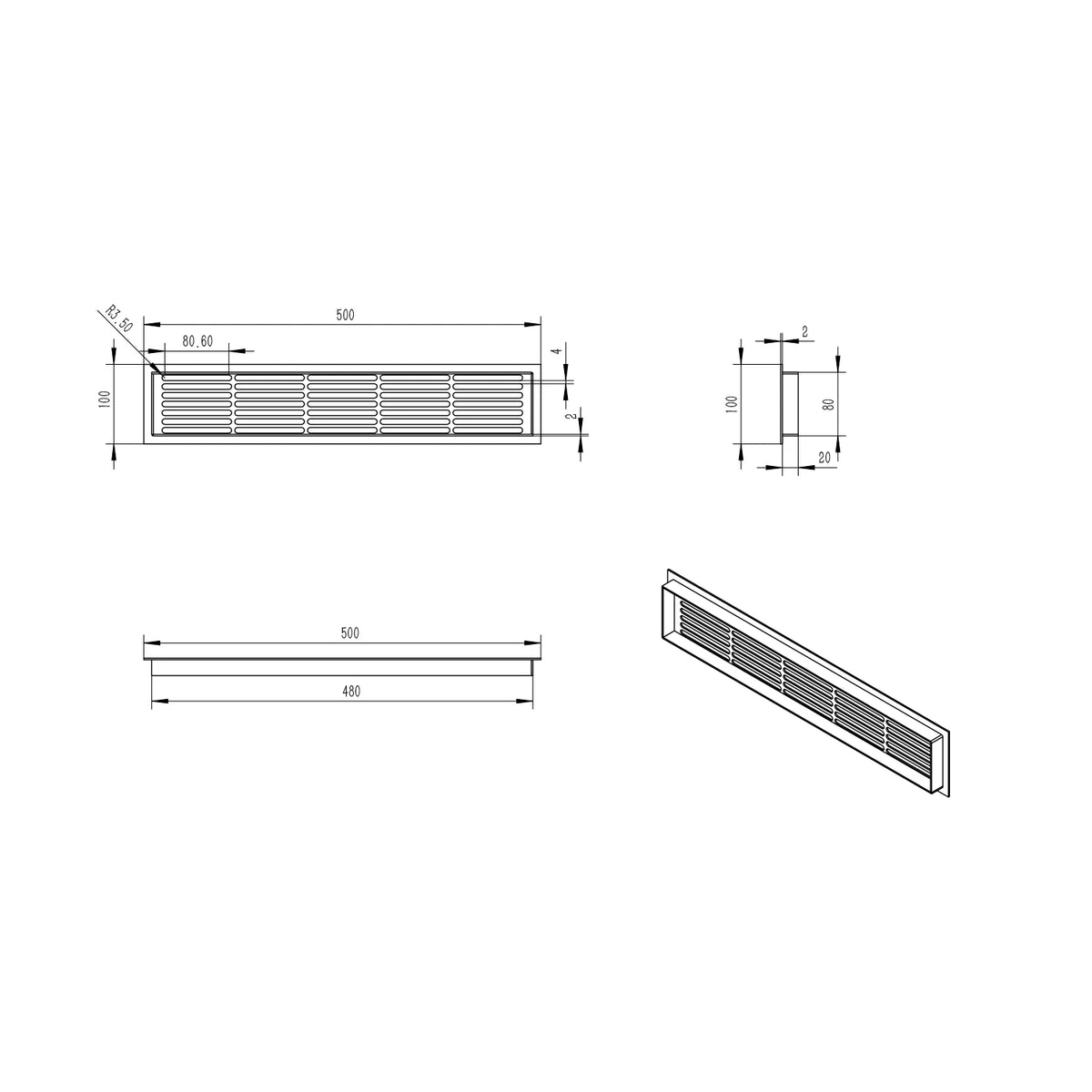 Ventilation Grille Black - 50x10 cm - 214 cm²
