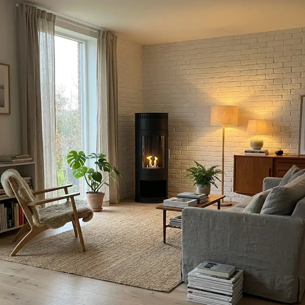 Washington black bioethanol stove lit in a rendered living room with a white brick wall