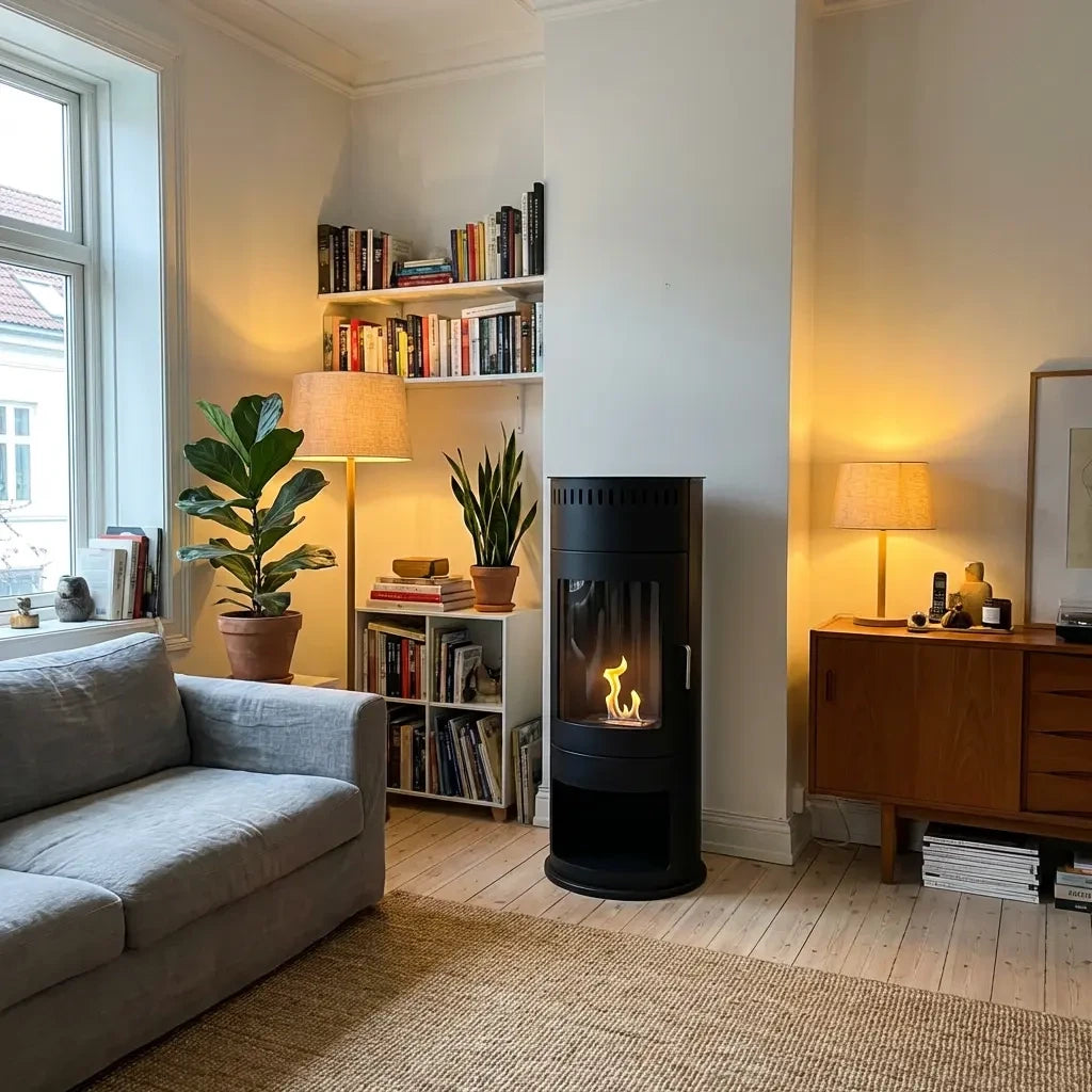 Washington black bioethanol stove lit in a rendered cozy reading corner with bookshelves
