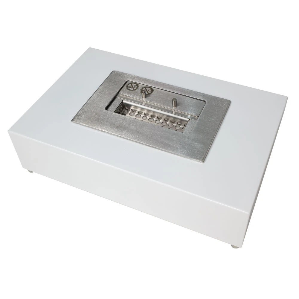 London tabletop bioethanol fireplace in white, close-up of the stainless steel burner